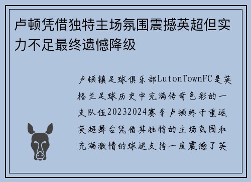 卢顿凭借独特主场氛围震撼英超但实力不足最终遗憾降级 卢顿凭借独特主场氛围震撼英超但实力不足最终遗憾降级